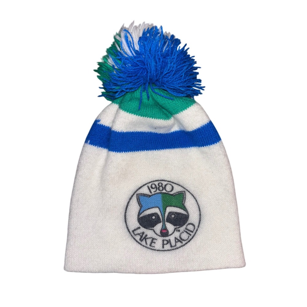 Vintage 1980 Lake Placid Olympics Beanie Roni Raccoon Pom Hat White Blue Green